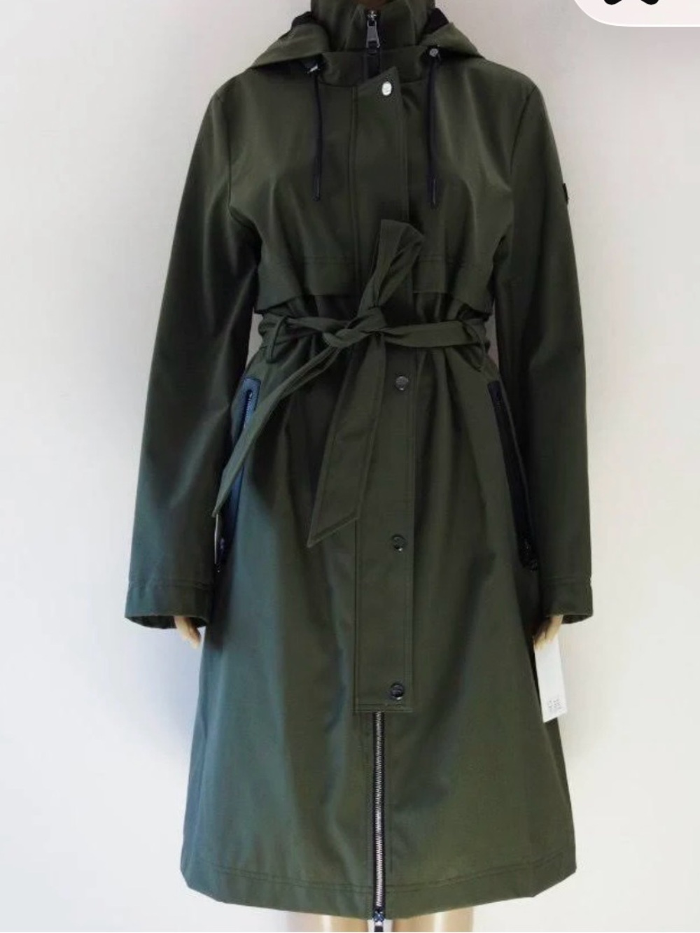 DKNY Olive Green Hooded Belted Trench Coat Zip Front Lightweight Jacket